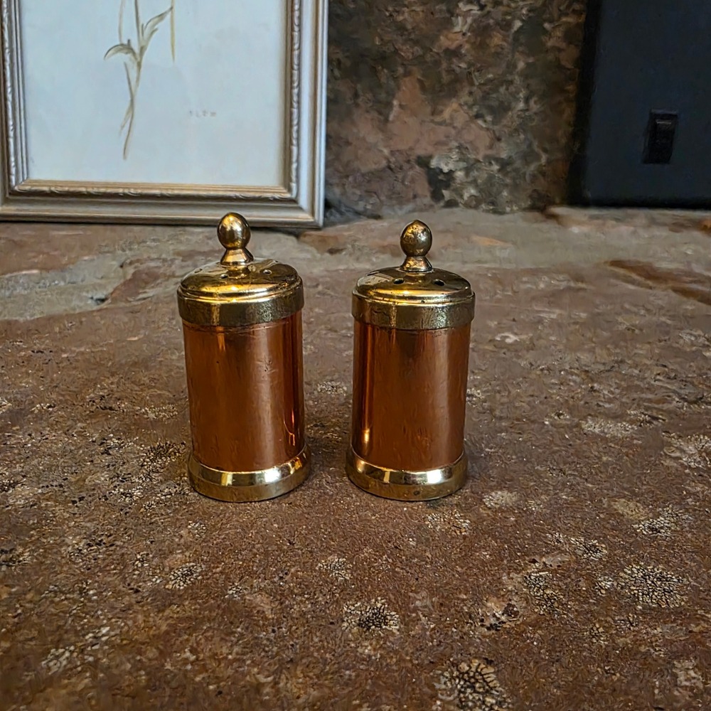 Vintage Made in Italy Copper and Brass Salt and Pepper Shakers Set Mini MCM